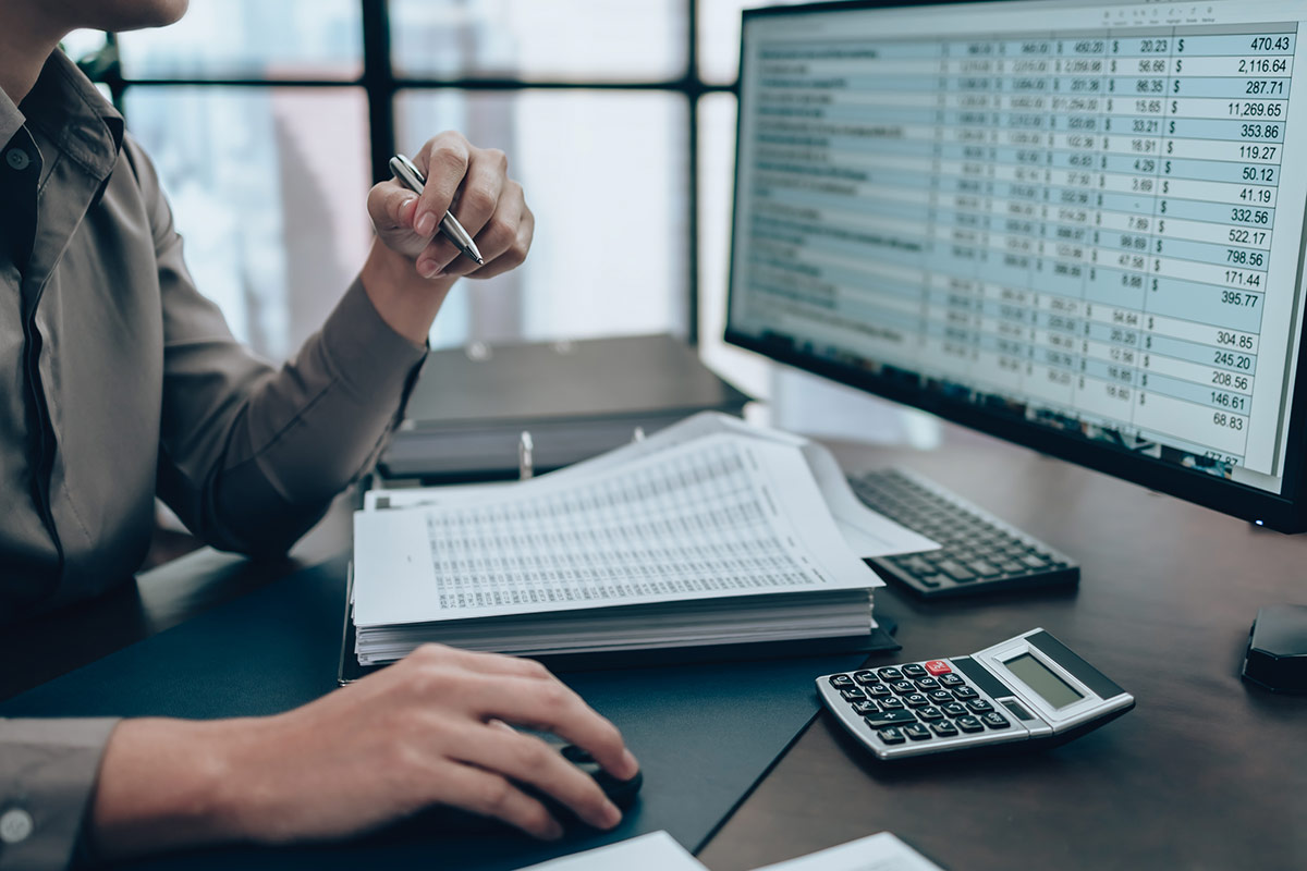 a professional looking at a spreadsheet on the computer