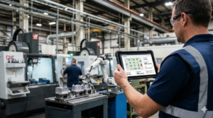 Modern manufacturing facility with cloud-connected equipment and real-time data monitoring systems