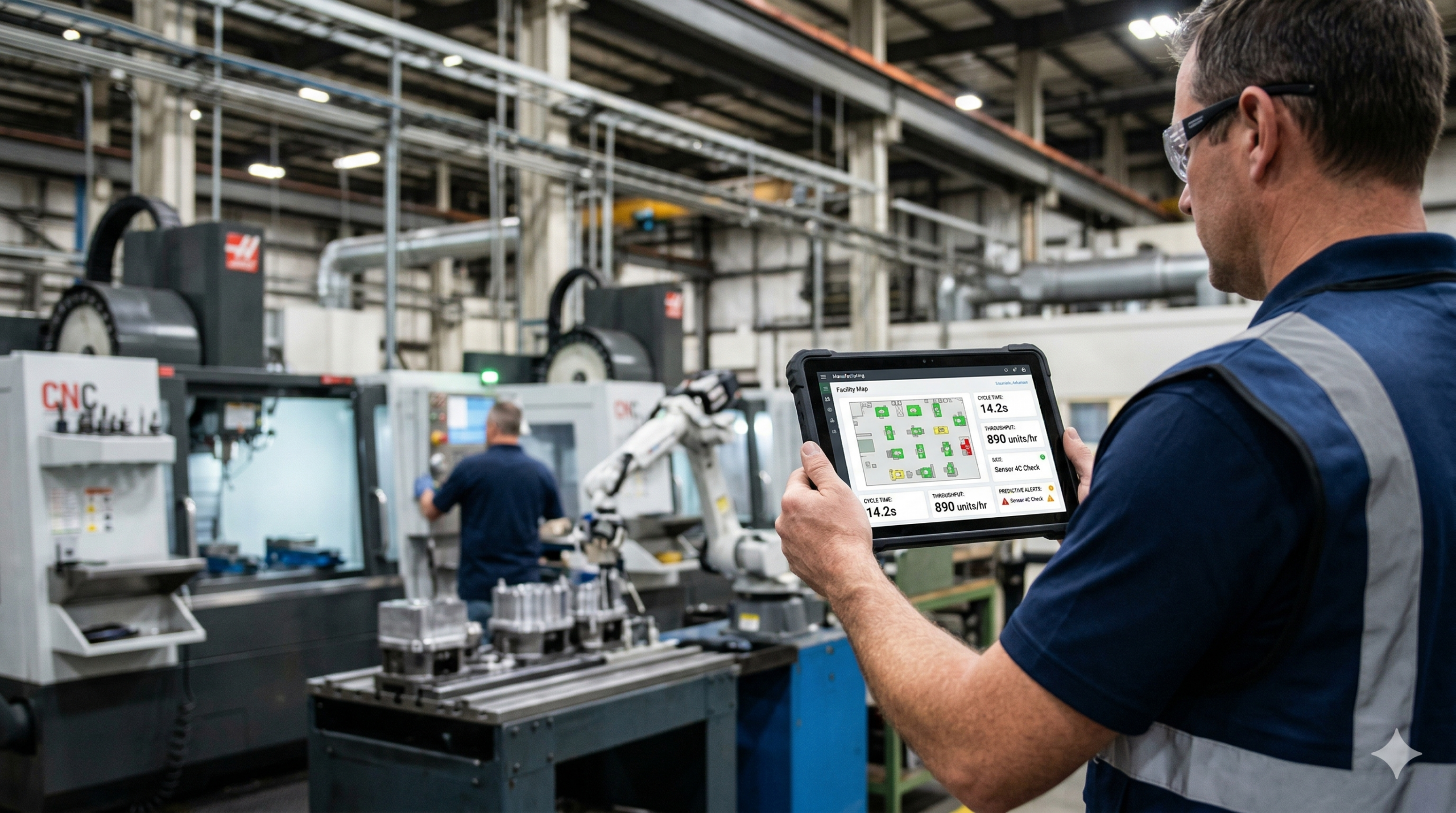 Modern manufacturing facility with cloud-connected equipment and real-time data monitoring systems